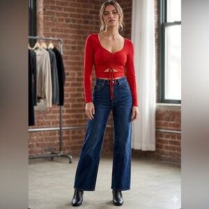 All Saints Red Long-Sleeve Ruched Crop Top